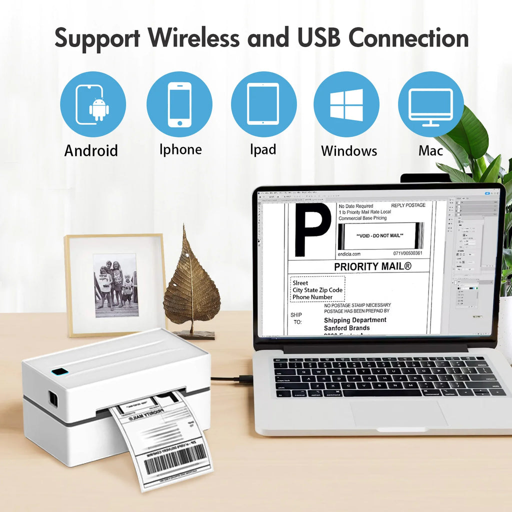Laptop with label printing device on a desk, showing compatibility with multiple devices.