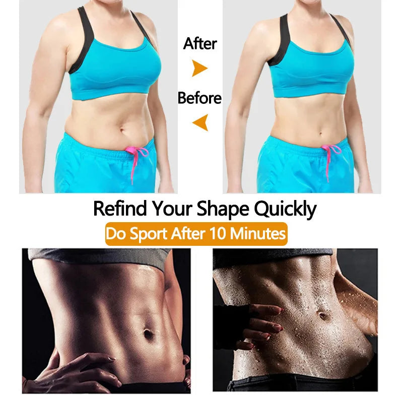Before and after comparison of a person's waistline with text promoting quick shape refinement through exercise.