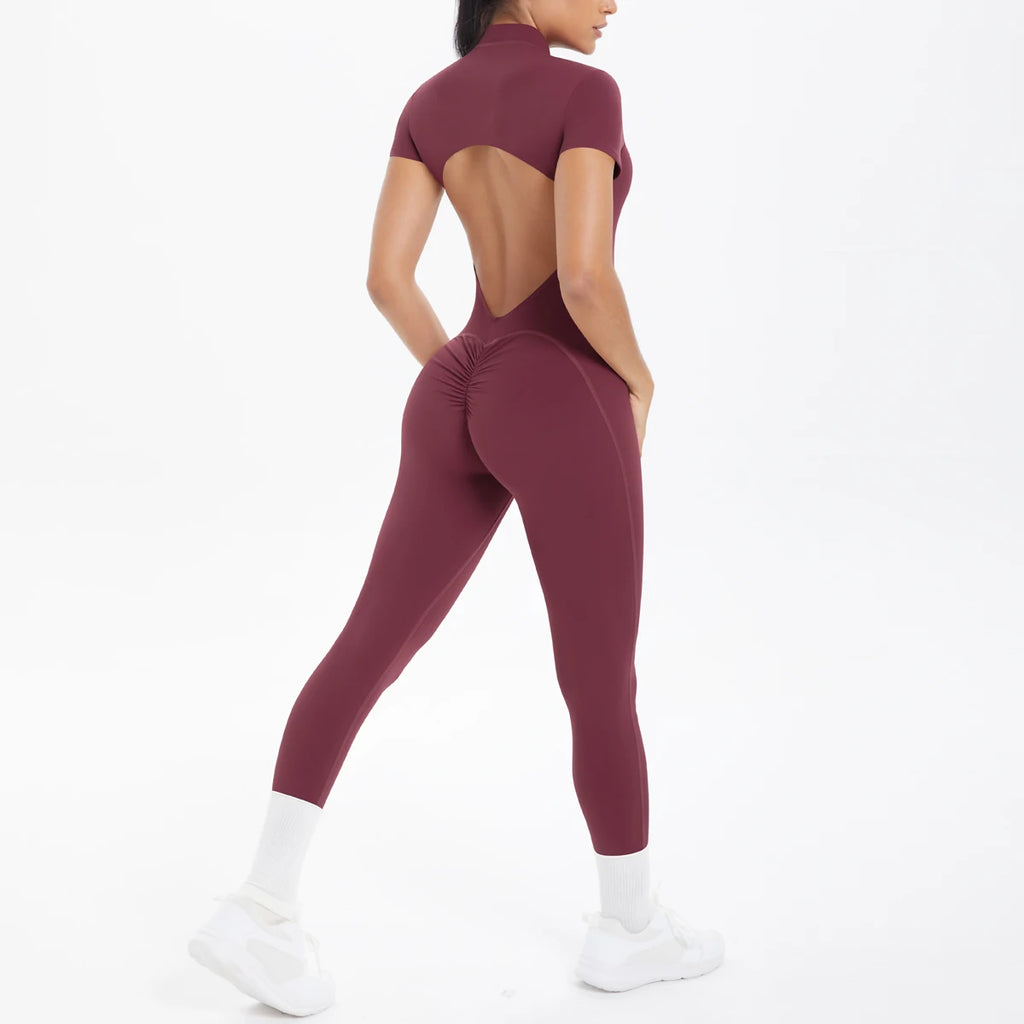 Short Sleeve Backless Fitness One-Piece Jumpsuit, 5 Solid Color With Scrunch & Half Zipper