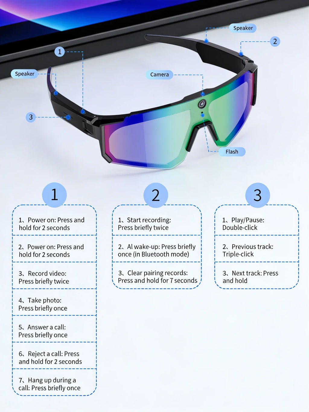 Smart AI Sports Sunglasses with 800W HD Photo Video Bluetooth Call Translation and Anti Glare