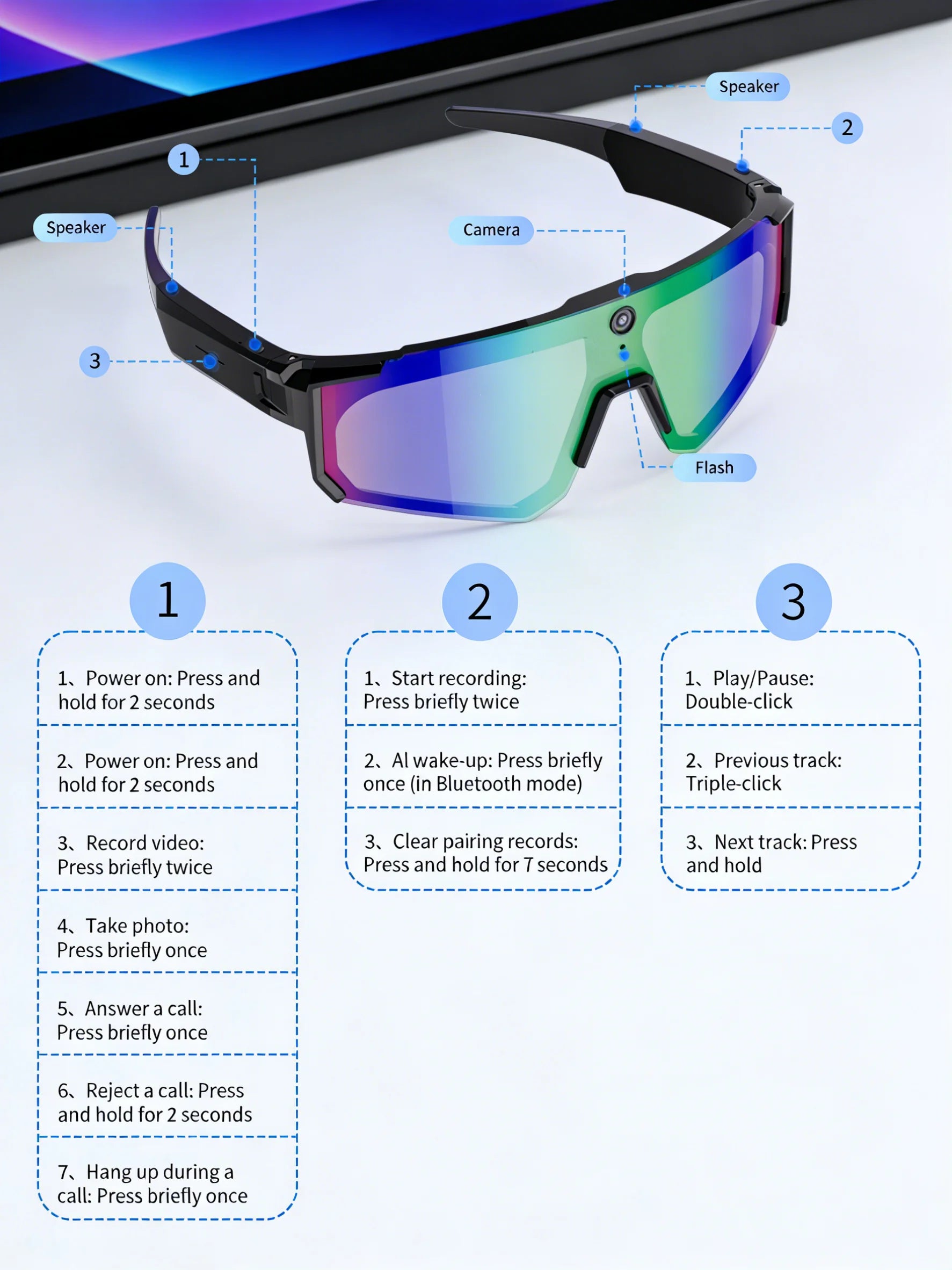 Smart AI Sports Sunglasses with 800W HD Photo Video Bluetooth Call Translation and Anti Glare