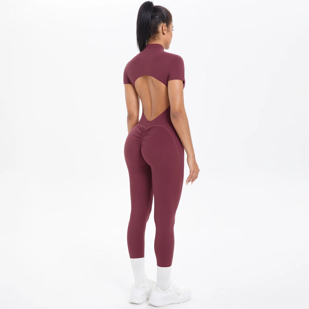 Short Sleeve Backless Fitness One-Piece Jumpsuit, 5 Solid Color With Scrunch & Half Zipper