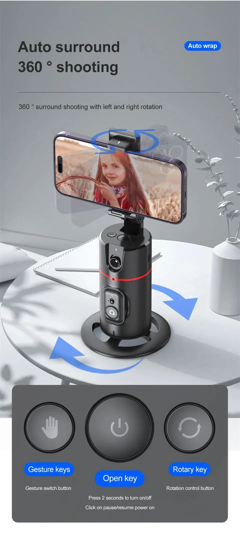 Smart 360° Auto Face Tracking Phone Tripod with Gesture Recognition – No App Required for Live Streaming, Video & Content Creation