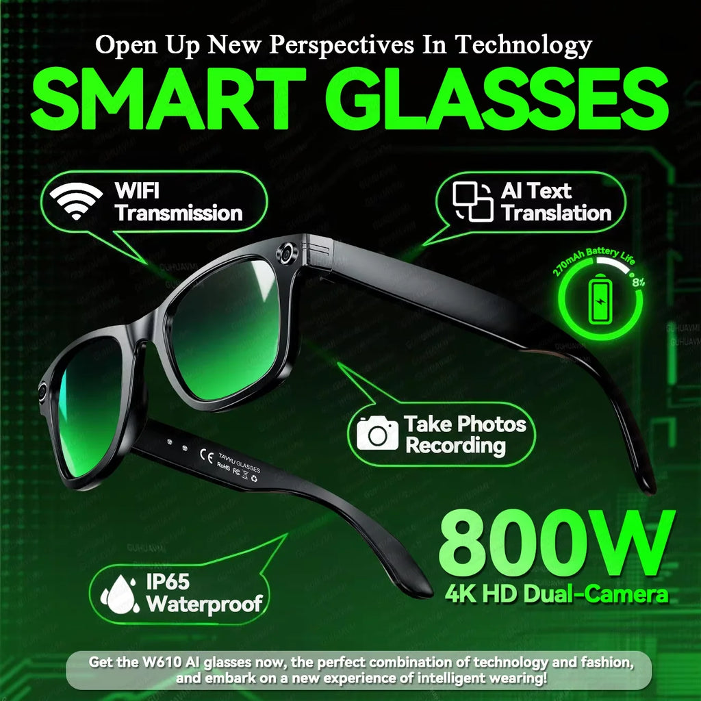AI Smart Glasses 8MP Camera, WiFi Bluetooth,Touch Control, IP67 Waterproof, AI Translation & Noise Cancelling