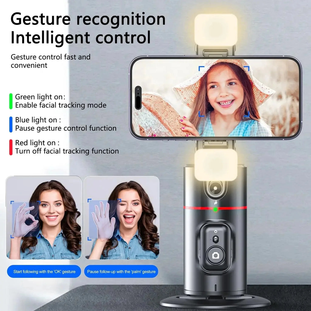 Smart 360° Auto Face Tracking Phone Tripod with Gesture Recognition – No App Required for Live Streaming, Video & Content Creation