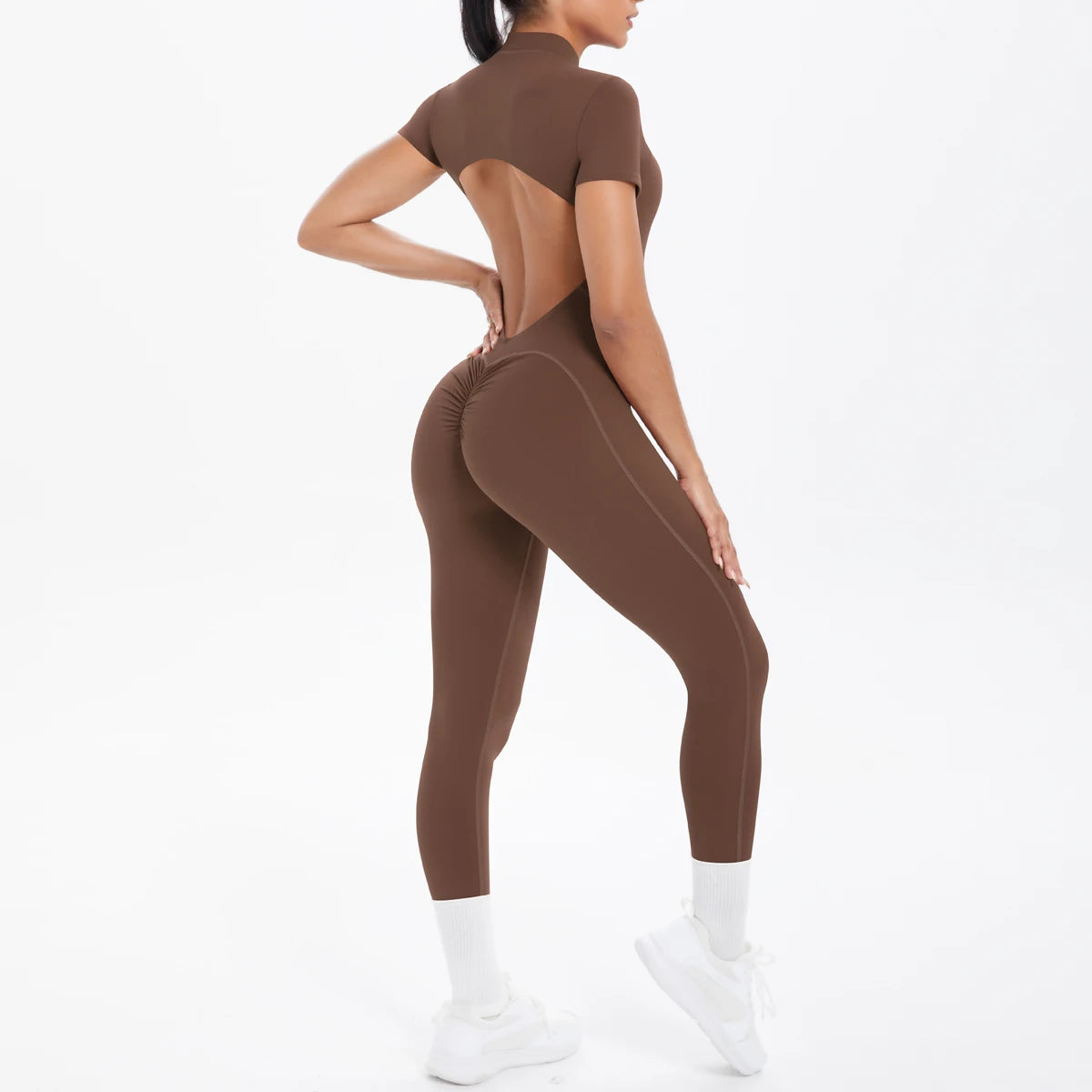Short Sleeve Backless Fitness One-Piece Jumpsuit, 5 Solid Color With Scrunch & Half Zipper