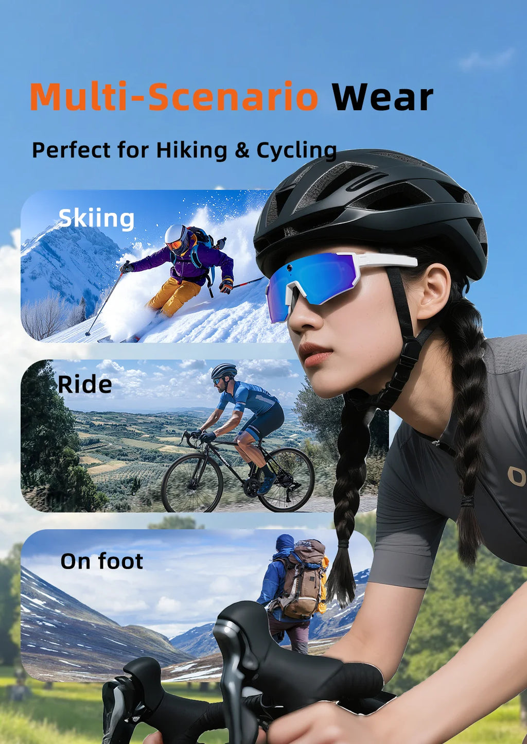 Smart AI Sports Sunglasses with 800W HD Photo Video Bluetooth Call Translation and Anti Glare