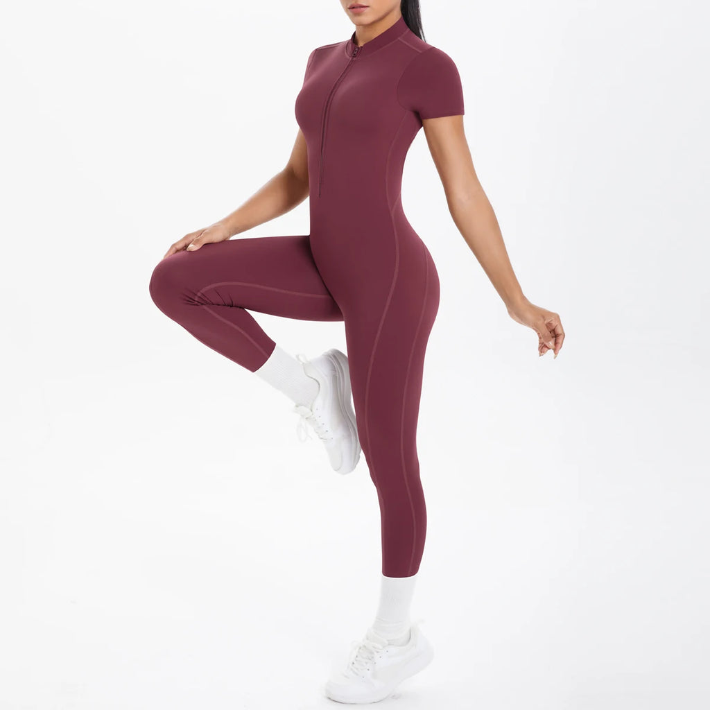 Short Sleeve Backless Fitness One-Piece Jumpsuit, 5 Solid Color With Scrunch & Half Zipper