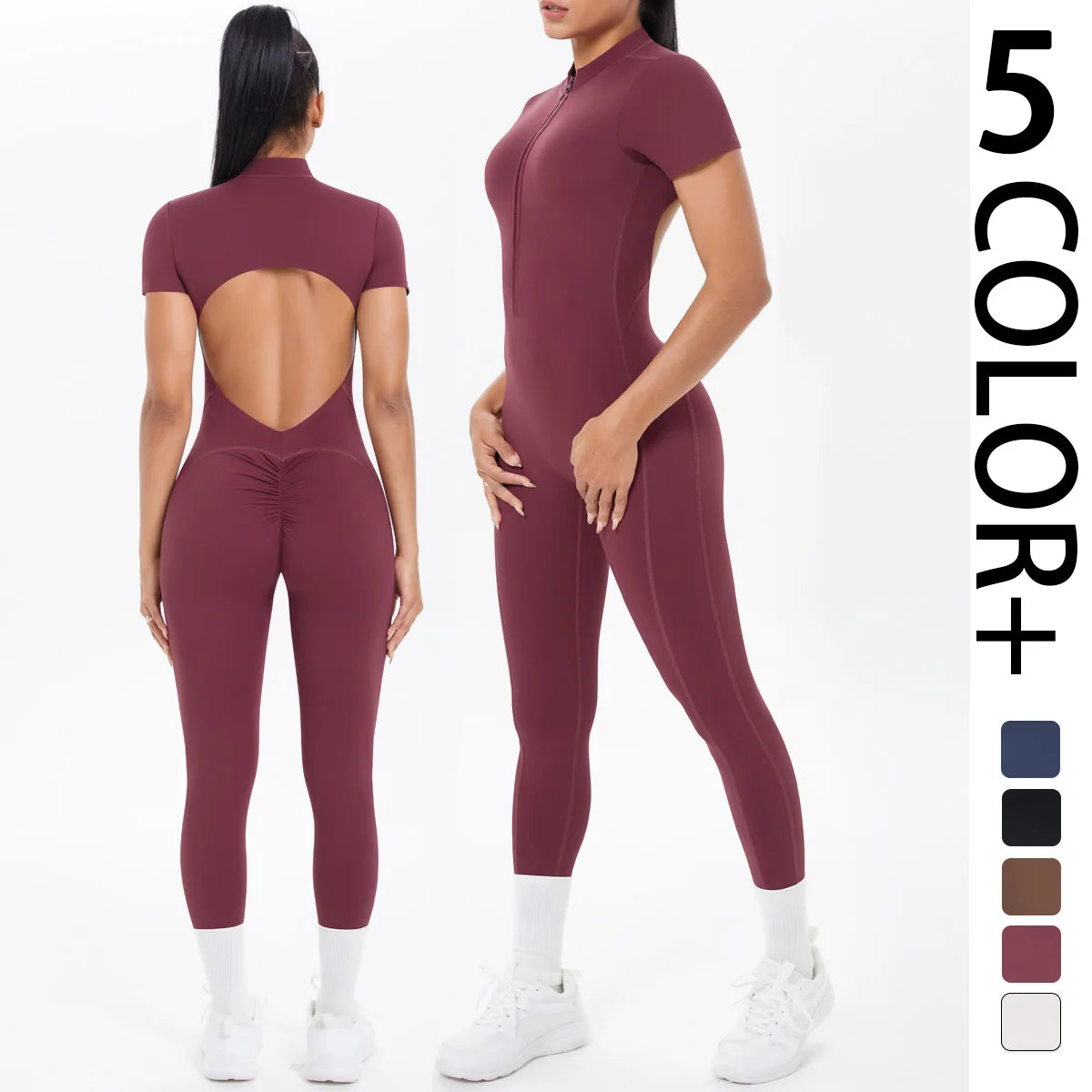 Short Sleeve Backless Fitness One-Piece Jumpsuit, 5 Solid Color With Scrunch & Half Zipper