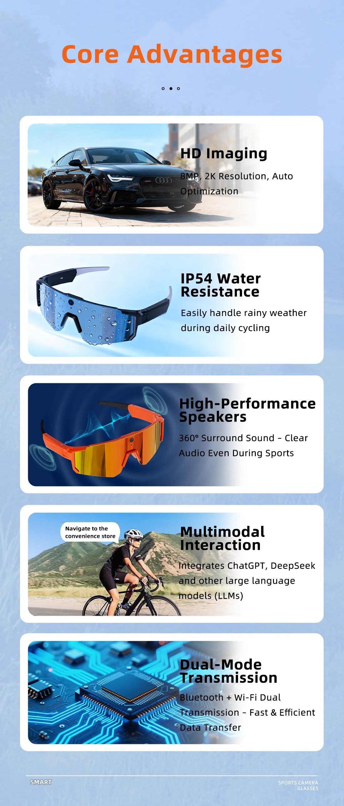Smart AI Sports Sunglasses with 800W HD Photo Video Bluetooth Call Translation and Anti Glare
