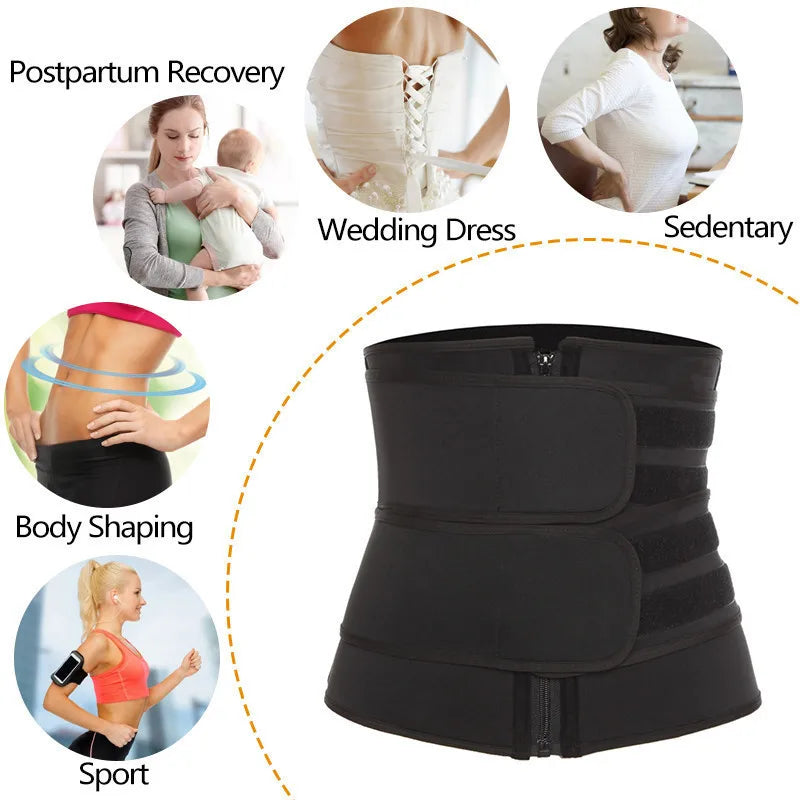 Black waist trainer with uses for postpartum recovery, wedding dress, sedentary lifestyle, body shaping, and sports.