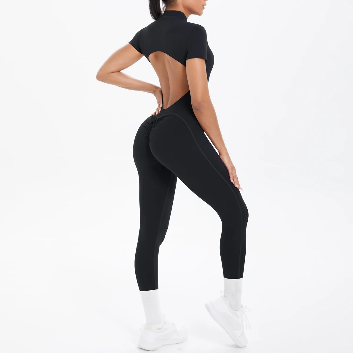 Short Sleeve Backless Fitness One-Piece Jumpsuit, 5 Solid Color With Scrunch & Half Zipper