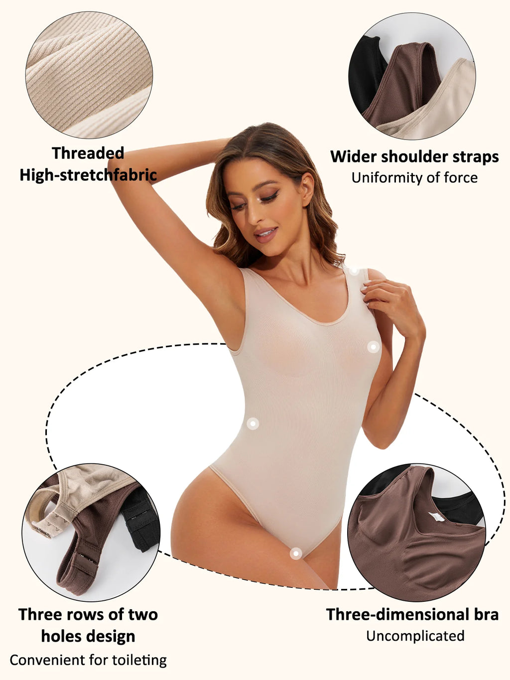 Woman wearing a beige bodysuit with text highlighting features like threaded high-stretch fabric and wider shoulder straps.