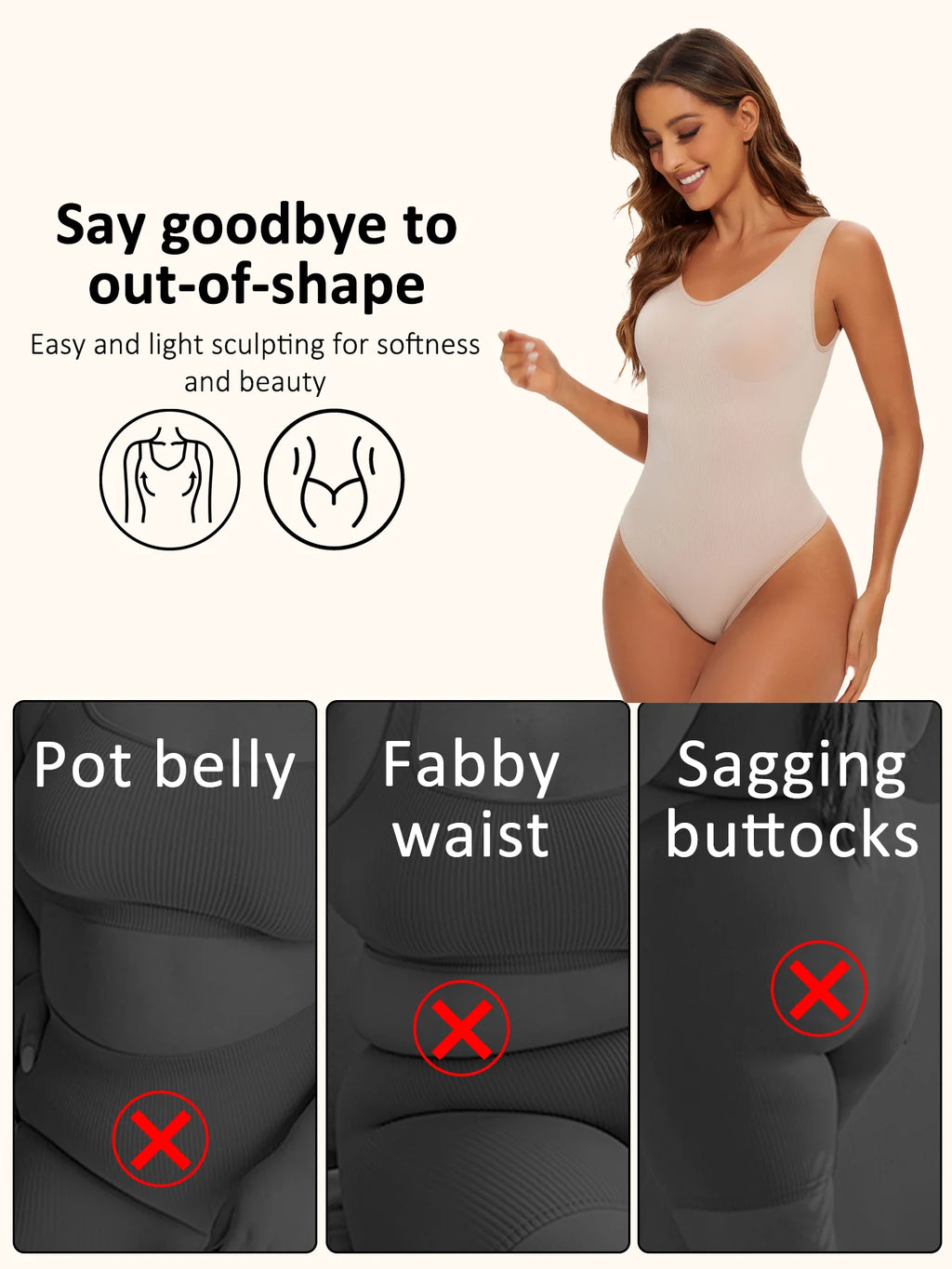 Woman wearing a beige bodysuit with text and images showing its effects on body shape.