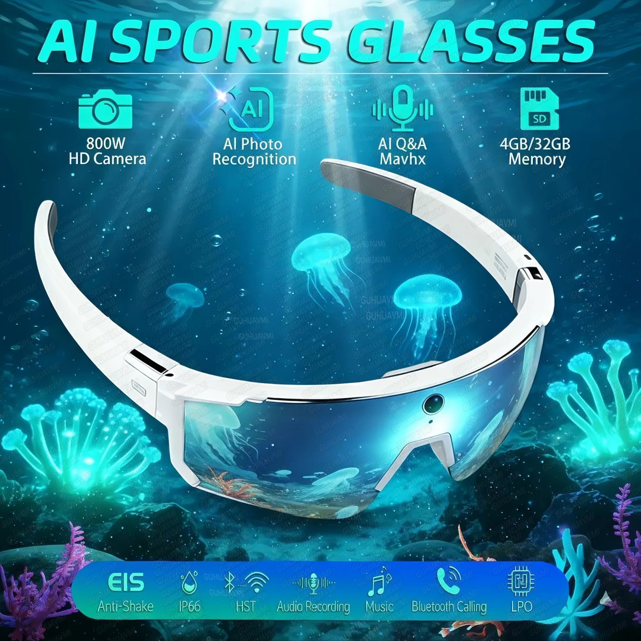 Smart AI Sports Sunglasses with 800W HD Photo Video Bluetooth Call Translation and Anti Glare