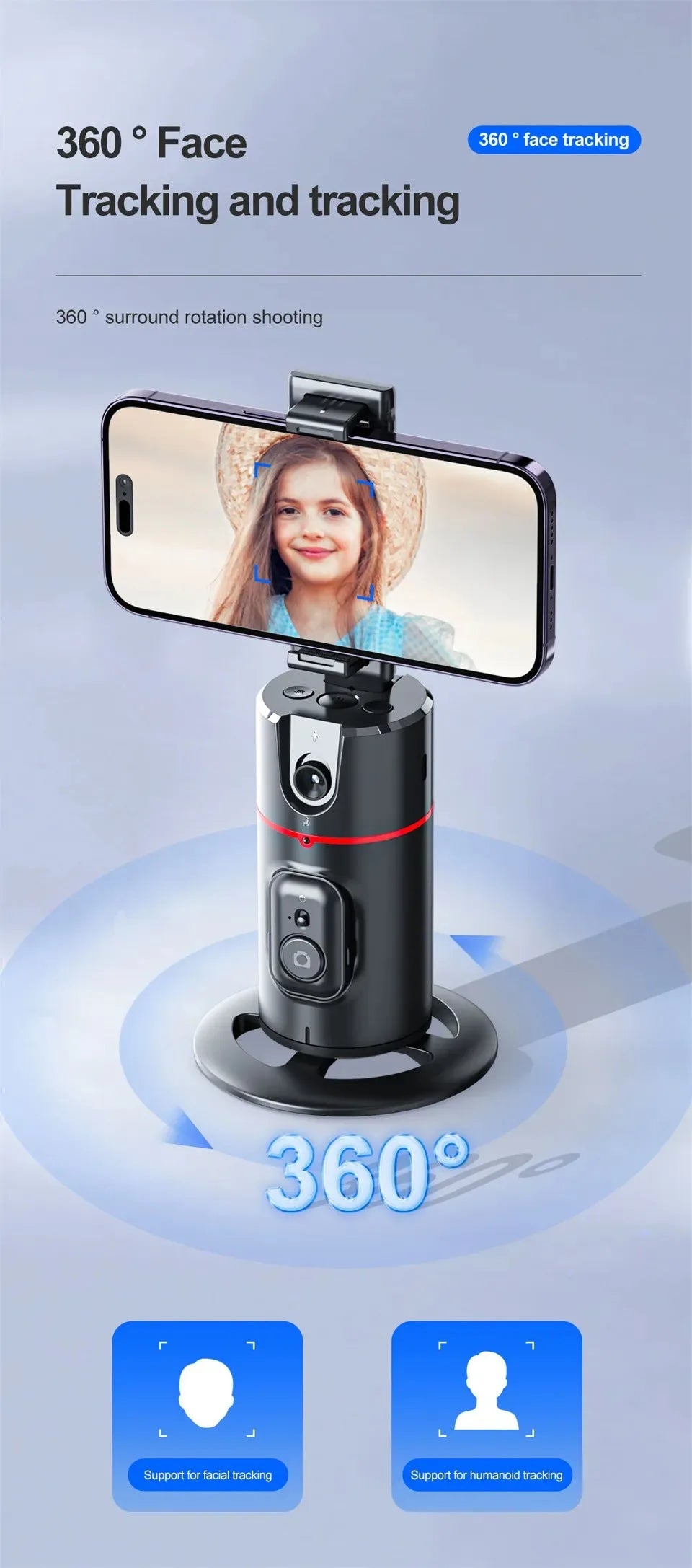 Smart 360° Auto Face Tracking Phone Tripod with Gesture Recognition – No App Required for Live Streaming, Video & Content Creation