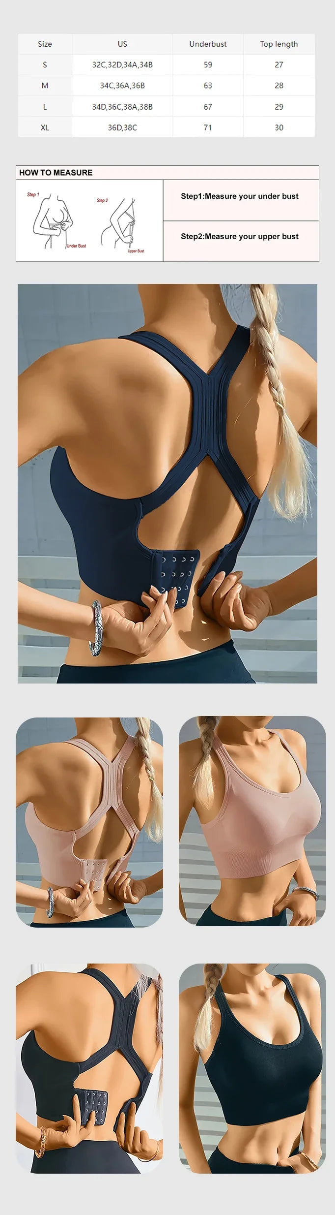 Black sports bra with strappy back design worn by a model, shown from different angles.