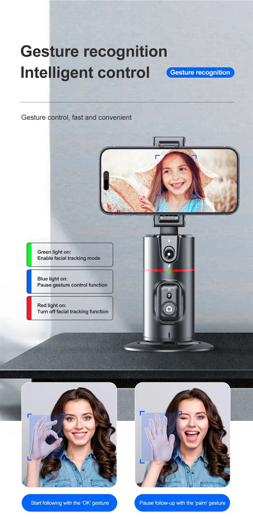 Smart 360° Auto Face Tracking Phone Tripod with Gesture Recognition – No App Required for Live Streaming, Video & Content Creation