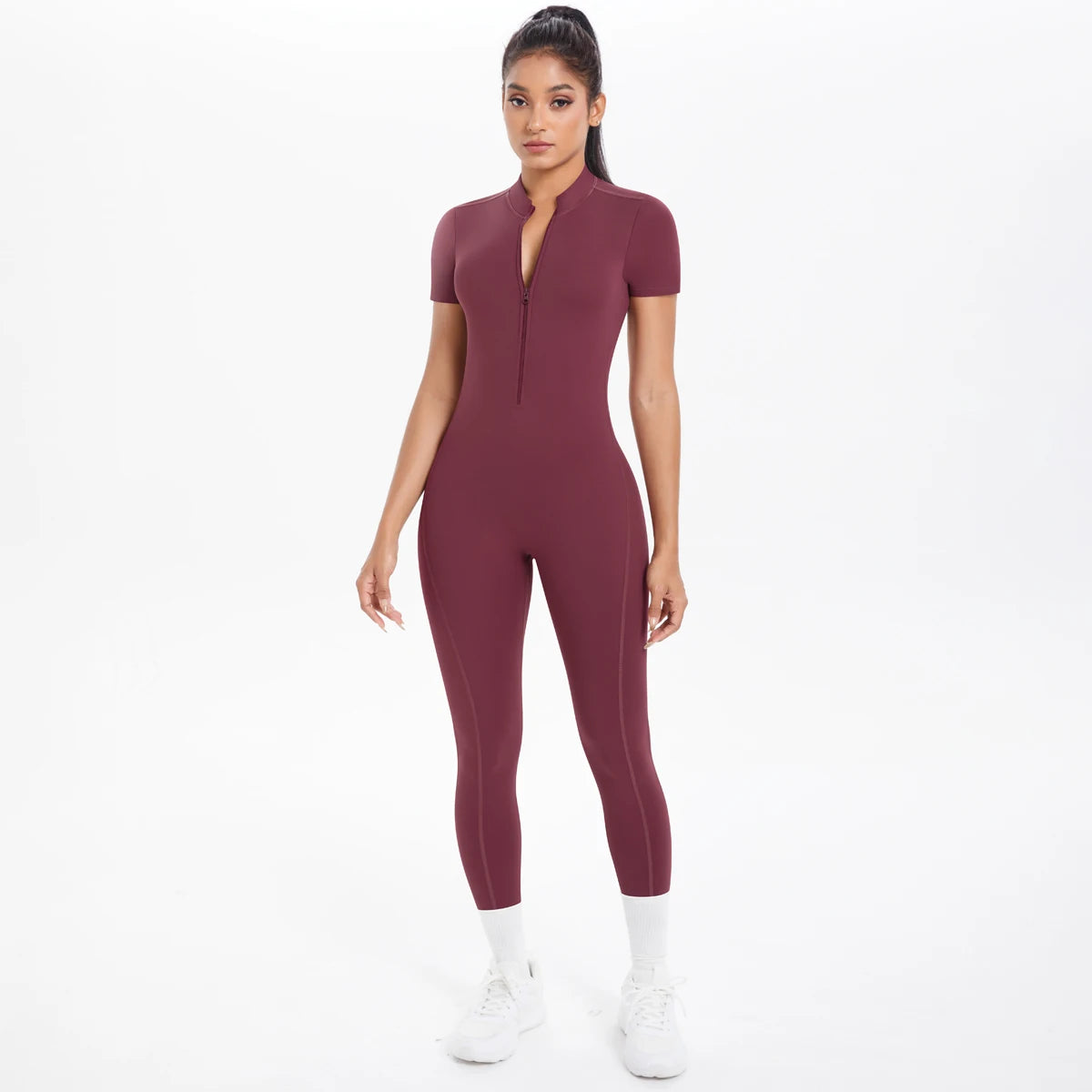 Short Sleeve Backless Fitness One-Piece Jumpsuit, 5 Solid Color With Scrunch & Half Zipper