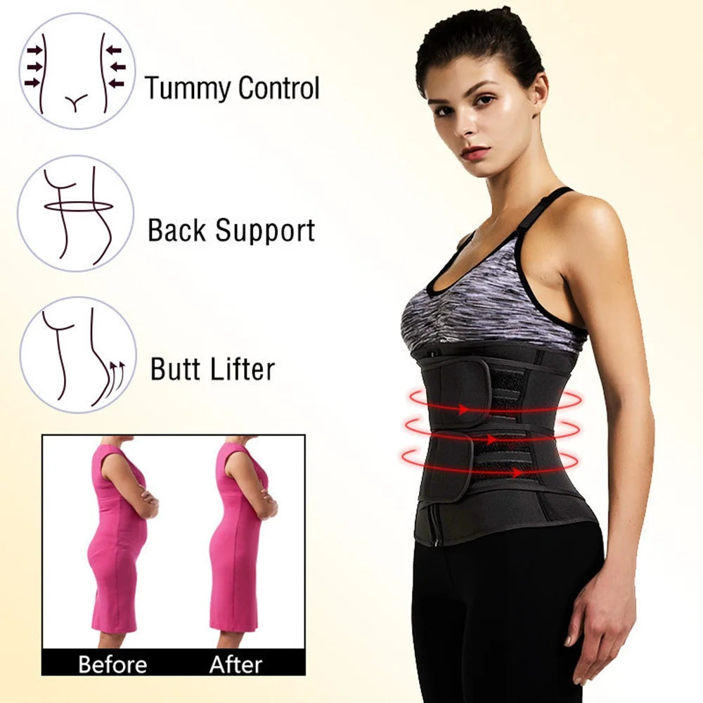 Woman wearing a black waist trainer with features highlighted on a beige background