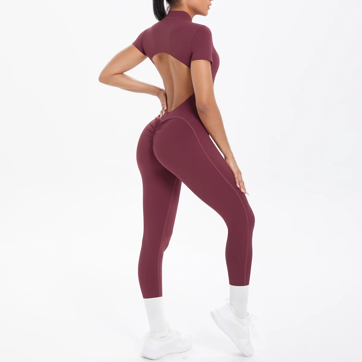 Short Sleeve Backless Fitness One-Piece Jumpsuit, 5 Solid Color With Scrunch & Half Zipper