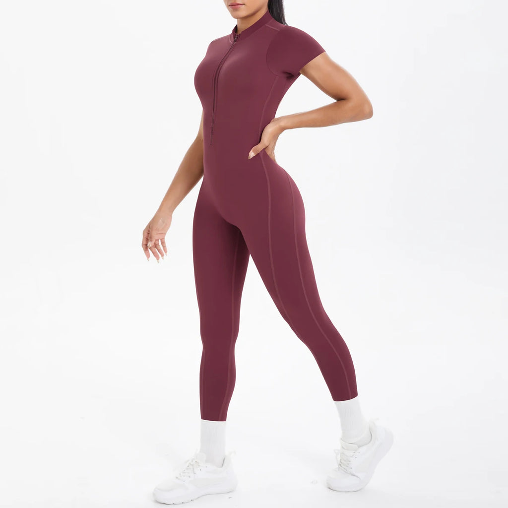 Short Sleeve Backless Fitness One-Piece Jumpsuit, 5 Solid Color With Scrunch & Half Zipper