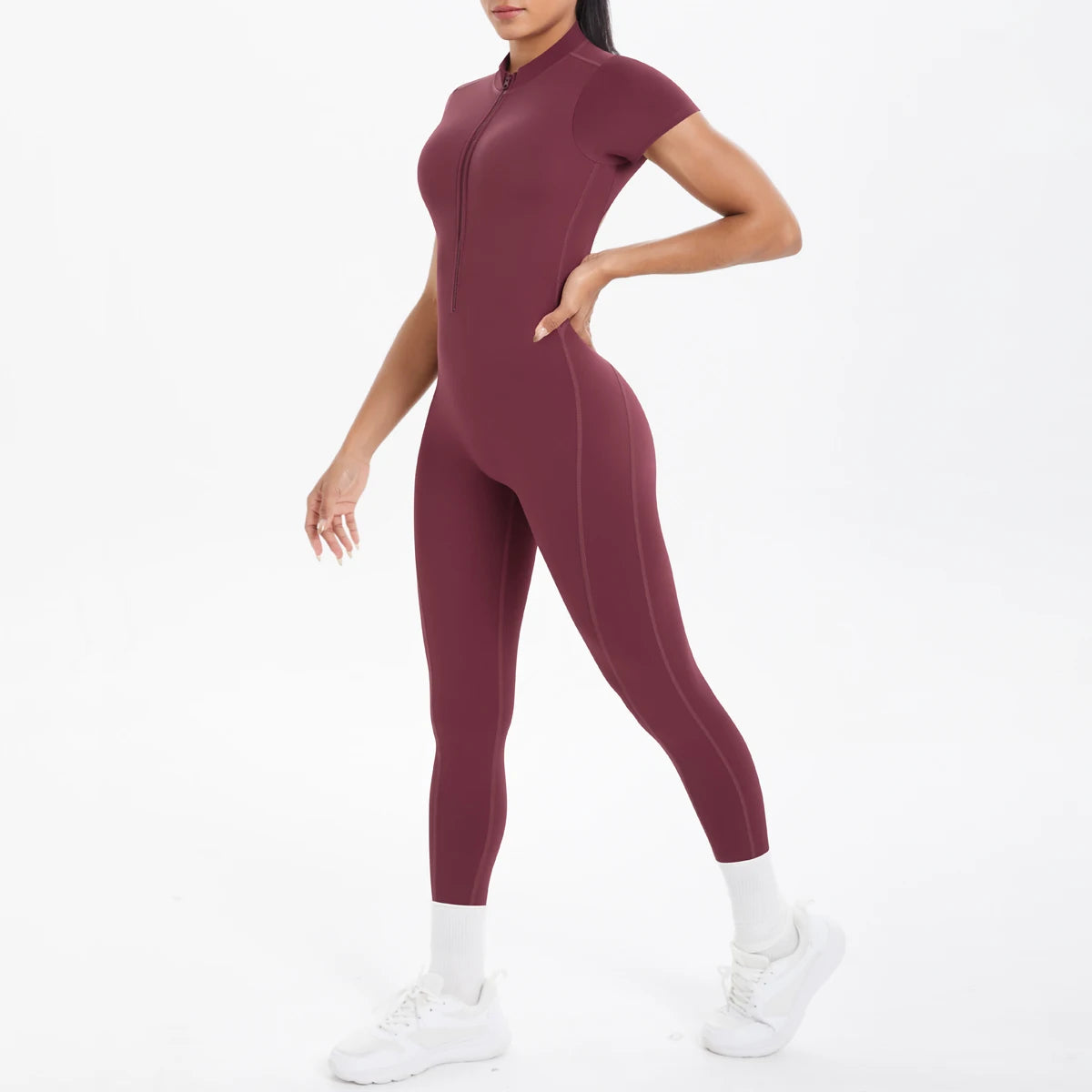 Short Sleeve Backless Fitness One-Piece Jumpsuit, 5 Solid Color With Scrunch & Half Zipper