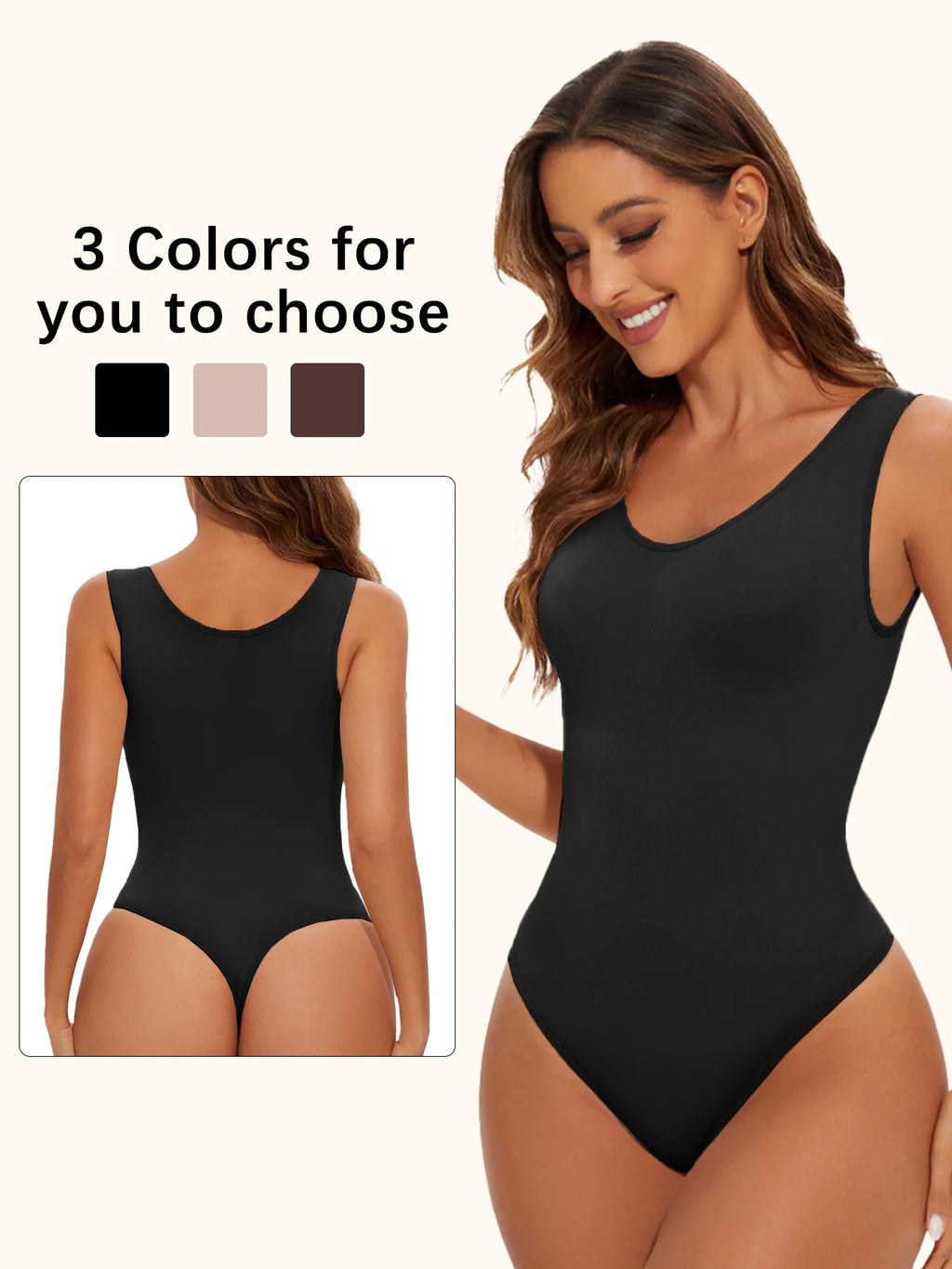 Woman wearing a black bodysuit with color options displayed.