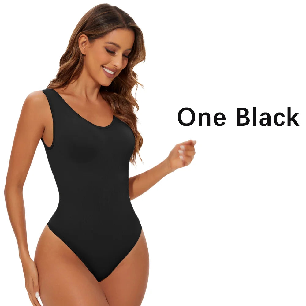 Woman wearing a black bodysuit with text 'One Black' on a white background