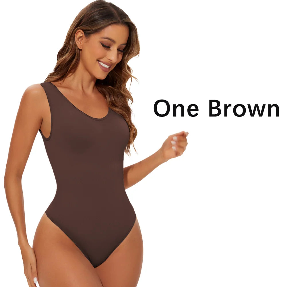 Woman wearing a brown bodysuit with text 'One Brown' on a white background