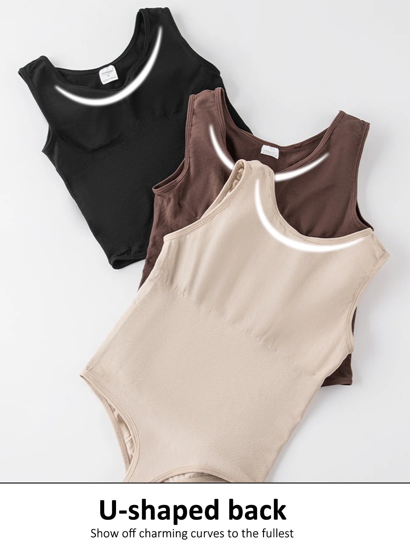 Three tank tops in black, brown, and beige on a white background with text highlighting 'U-shaped back'.