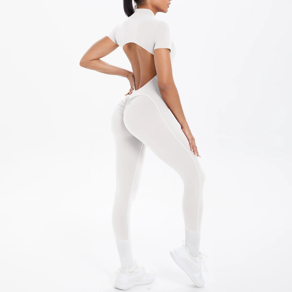 Short Sleeve Backless Fitness One-Piece Jumpsuit, 5 Solid Color With Scrunch & Half Zipper