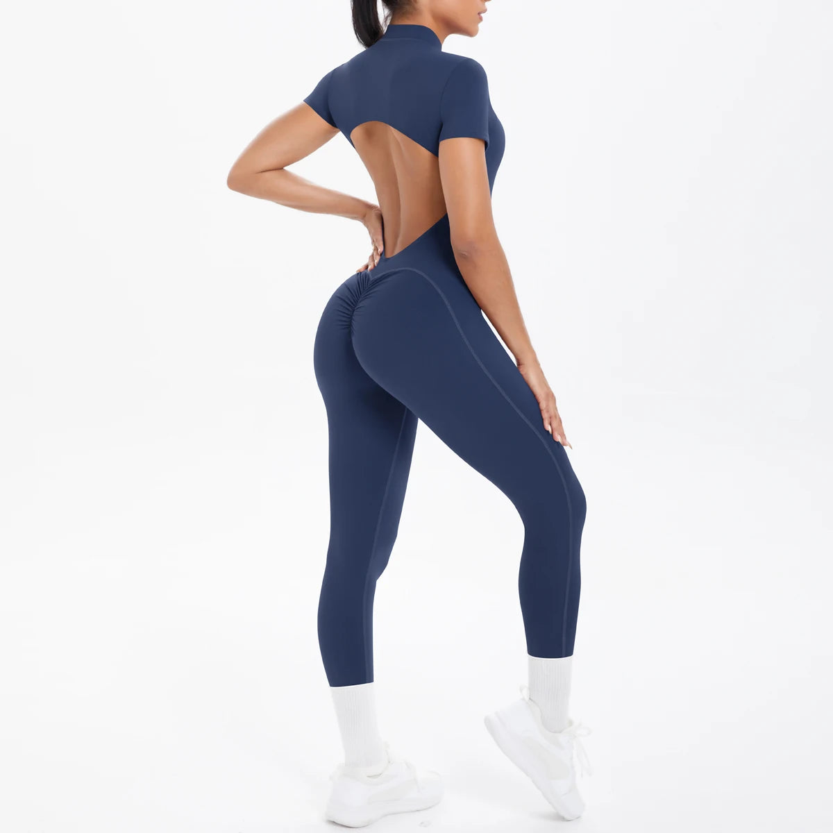 Short Sleeve Backless Fitness One-Piece Jumpsuit, 5 Solid Color With Scrunch & Half Zipper