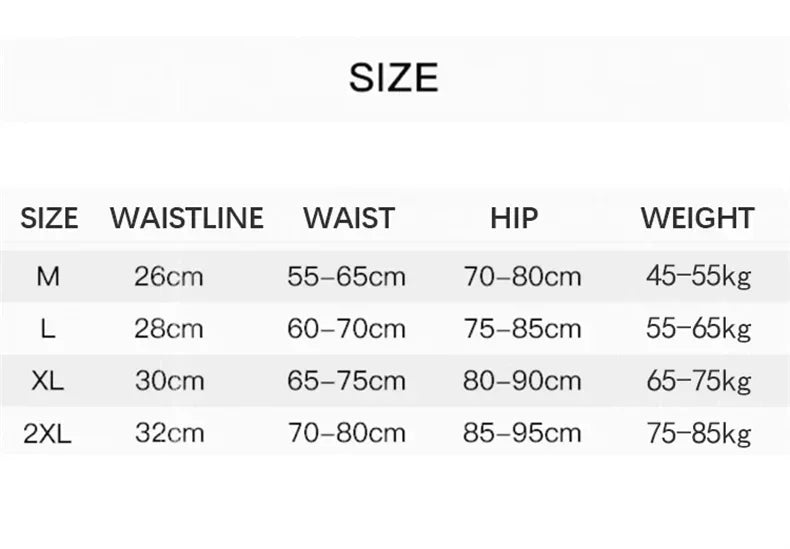 Size chart for clothing with waistline, waist, hip, and weight measurements.