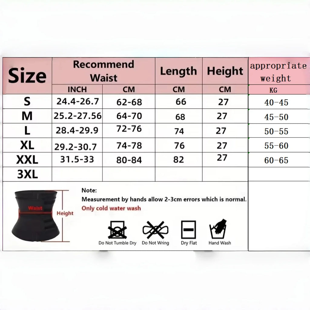 Size chart for a waist trainer with measurement details.
